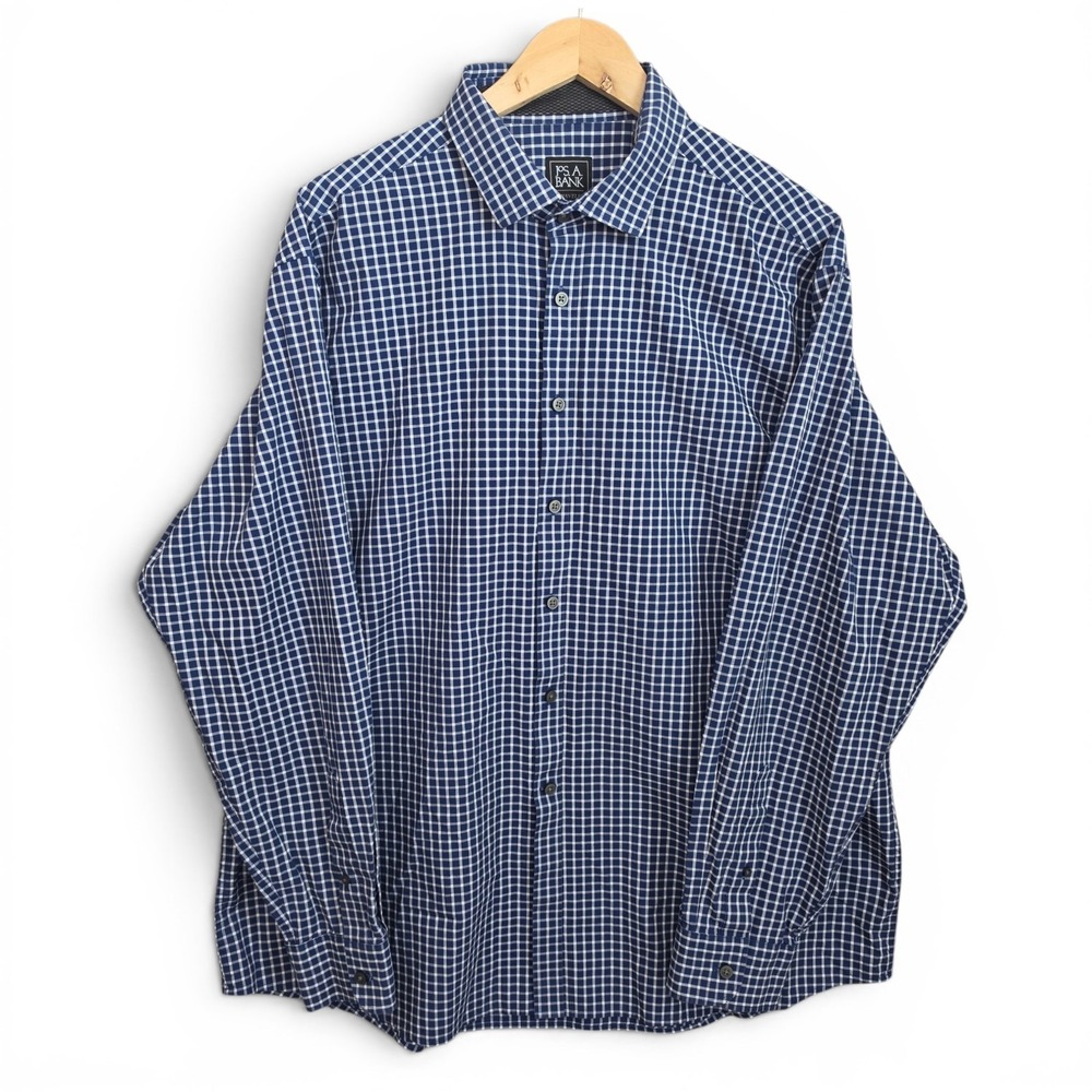 Jos A Bank Shirt Mens XL Blue Button Up Check Traveler Travel Tech Cotton Blend